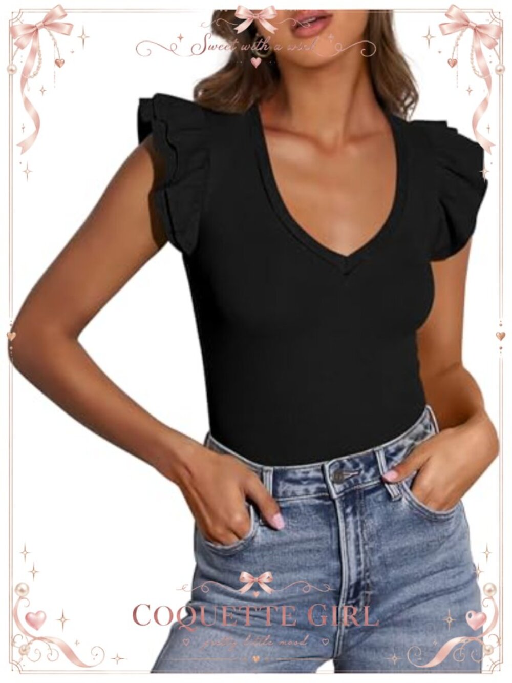 Womens Sleeveless V Neck Ruffle Slim Fit T Shirt Business Casual Top